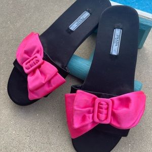 Prada Barbie Pink Satin Bow Slides size 39 measurements 10.25”length 3.5” width
